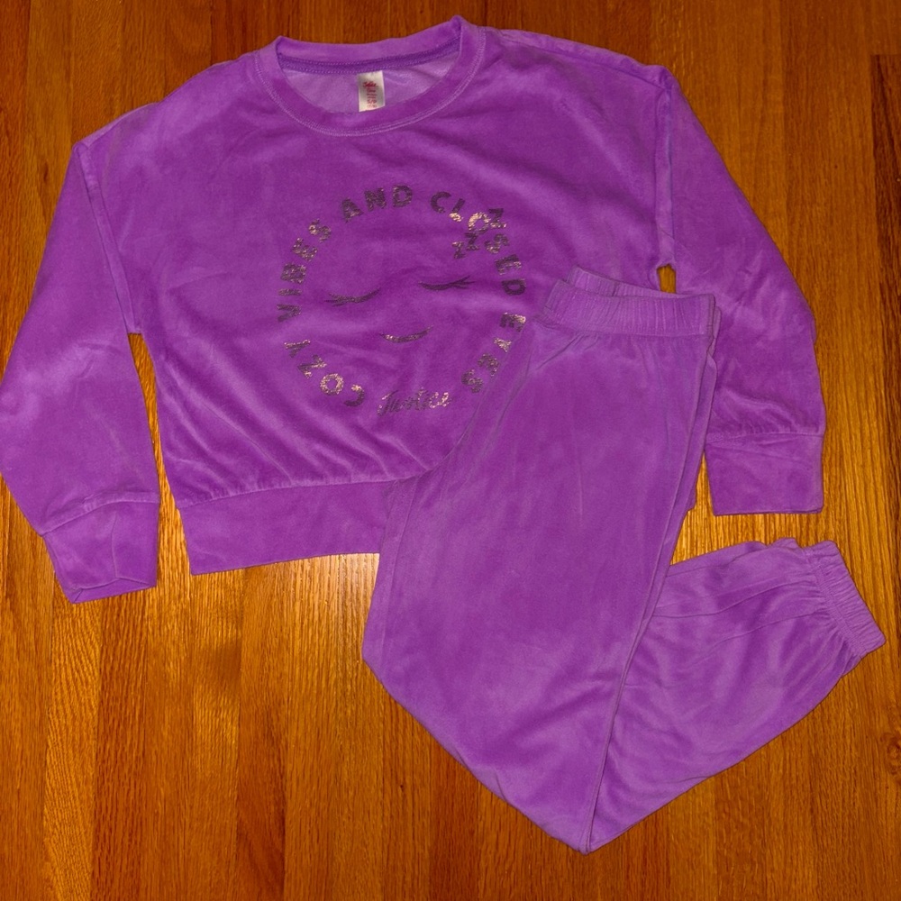 Justice Girls Purple Pajama Set: Fleece Long Sleeve Top & Joggers, Size S (7/8)